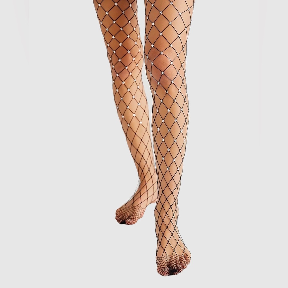 High Heel Jungle Star Struck Fishnet Tights OS Black with Silver stars - Picture 6 of 9